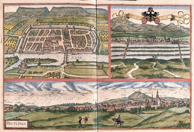 Heilbronn (Almanya), Mulhouse (Fransa) ve Reutlingen (Almanya) (gravür by Georg Braun and Hogenberg Franz