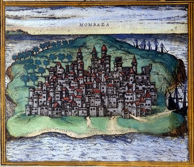Braun ve Hogenberg tarafından hazırlanan Atlas “Civitates Orbis Terrarum”dan sonra şehrin Portekizliler tarafından işgal edildiği 16. yüzyılda Mombasa veya Mombassa, Kenya'nın görünümü by Georg Braun and Hogenberg Franz
