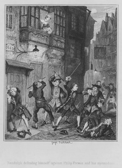 Randulph, Philip Frewin ve myrmidonlarına karşı kendini savunuyor (gravür) by George (after) Cruikshank