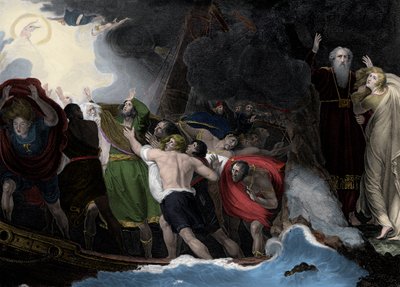 Prospero ve Miranda, sağda, denizciler batarken adada duruyorlar. by George (after) Romney