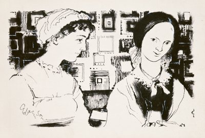 Jane Austen (1775-1817) ve Charlotte Bronte (1816-55) - hayali bir karşılaşma (gemide Hint mürekkebi) by George Adamson