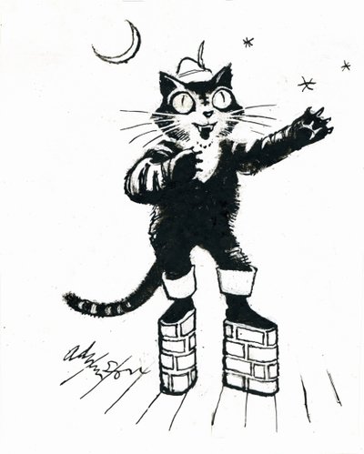 Puss in (tuğla duvarlı platform) çizmeler (beyaz kart üzerine şeffaflık üzerine mürekkep) by George Adamson
