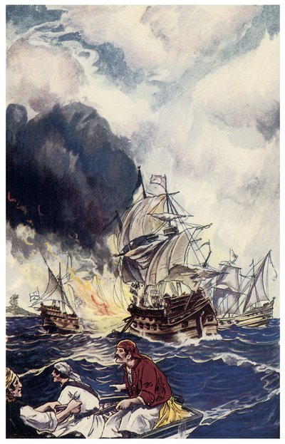 Brulot patlayıcı yükü bir gemiye fırlatılıyor George Albert Williams (1875-1932) 1914 tarafından “Panama Korsanları veya Amerika Korsanları””ndan İllüstrasyon by George Alfred Williams