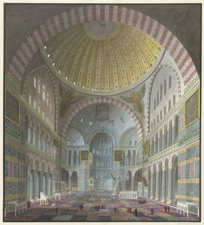 Diz çökmüş ve ayakta duran Türkler ile Ayasofya'nın içi by George Antoine Prosper Marilhat