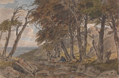Ormanlık Bir Yolun Kıyısındaki Figürler, Sol Uzakta Deniz by George Barret Jr.