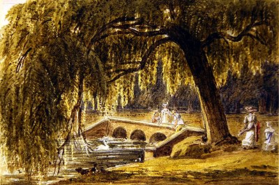 Parkta Süslü Bir Köprünün Yanındaki Kadınlar ve Çocuklar (kağıt üzerine suluboya) by George Barrett