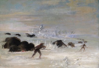 Kar Ayakkabısıyla Bufalo Peşinde Koşan Assiniboine Yerlileri by George Catlin