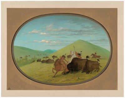 Buffalo Chase - Buzağıları Koruyan Boğalar by George Catlin