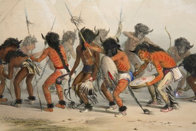 Buffalo Dance detay, pub. 1845 renkli litografi. by George Catlin