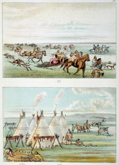 Amerika Kızılderilileri: (üstte) satılık derilerle hareket eden kabile. (Alt) 500 ila 600 tipi kabile. George Catlin