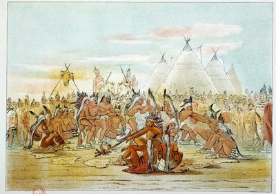 Amerika Kızılderilileri: Siyuların pipo dansına benzeyen Assiniboin kabilesi. George Catlin