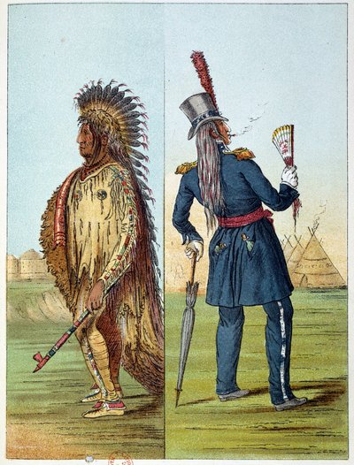 Amerika Kızılderilileri: Ceplerinde iki şişe viski olan askeri bir Hint assiniboine veterineri. George Catlin