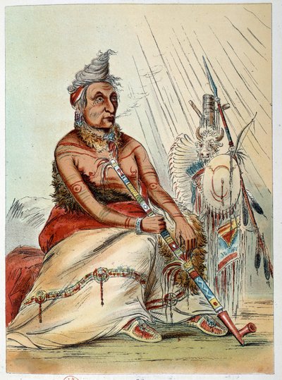 Amerika Kızılderilileri: Siyah Mocassin adlı piposunu içen yaşlı bir Hintli şefin portresi. George Catlin