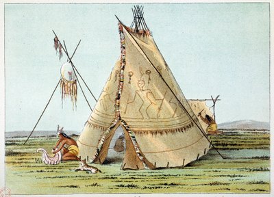 Amerika Kızılderilileri: Tepesi porcuepics pikeleriyle süslenmiş Kargalar kabilesinin Tipi. George Catlin