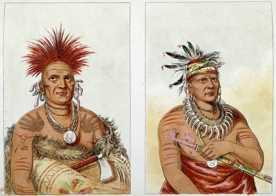 Indians of America: the horse chief tribe of the Great Pawnees (or Paneassa, Pari, Pariki) (n° 138) second chief plus age (n° 139) - The second has a necklace made of bear claws - Illustration by George Catlin (1794-1872) by George Catlin