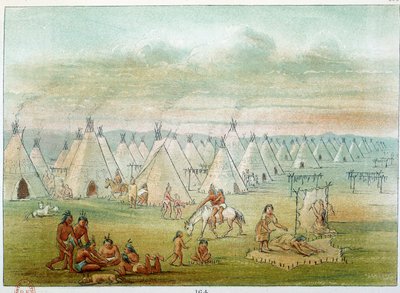 Amerika Kızılderilileri: Köy komutanlığı çadırları bizon derilerinden yapılmıştır. George Catlin