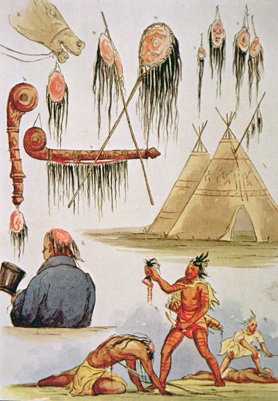 Saç derisinin kazıma ve dekoratif kullanımı (kağıt üzerine sulu boya) by George Catlin
