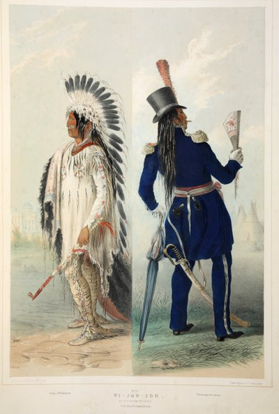 Wi-Jun-Jon, bir Assinneboin Şefi, pub. 1845 renkli litografi. by George Catlin