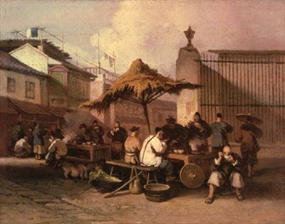 San Domingo kilisesinin dışında yemek yiyen bir grup Çinli by George Chinnery