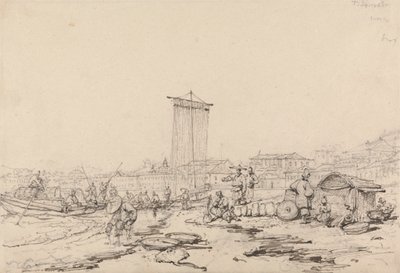 Balıkçılar ve Binalarla Sahil Manzarası, Makao by George Chinnery