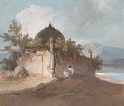 Bir Hint Tapınağı Yanında Oturan Figür by George Chinnery