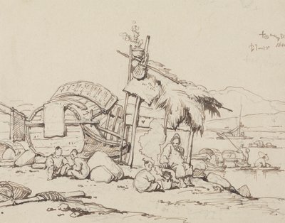 Yaşlı Adam ve Çocuklar Oturmuş, Yemek Yapıyor by George Chinnery