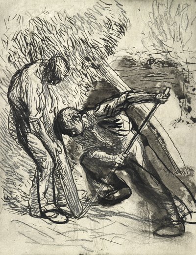 Propping the Rick, c.1900 (kağıt üzerinde kurşun kalem, tükenmez kalem ve mürekkep) by George Clausen