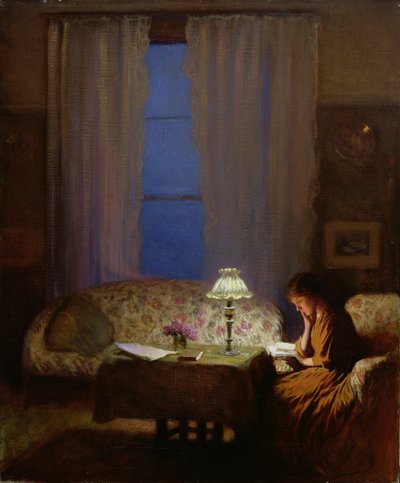 Lamplight ile Okuma (Twilight: Interior) (tuval üzerine yağlı boya) by George Clausen