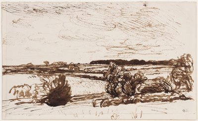 Rüzgarla savrulan manzara (kağıt üzerinde kalem, fırça ve sepya mürekkebi) by George Clausen