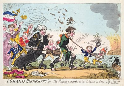 'Büyük Bir Manevra! veya George Cruikshank tarafından 13 Nisan 1814'te yayınlanan Rogues' March to the Island of Elba' by George Cruikshank