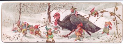 Yakalanmış bir hindiye liderlik eden bir grup kötü niyetli elfin Viktorya dönemine ait bir Noel kartı, c.1895 (renkli taş) by George Cruikshank