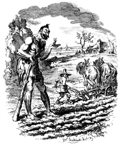 Dev bir tarlada çiftçinin saban sürmesi gibi duruyor, 19. yüzyıl. by George Cruikshank