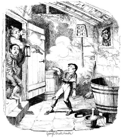 Bir adam, 19. yüzyılda çaldığından şüphelendiği genç bir çocuğu vurur. by George Cruikshank