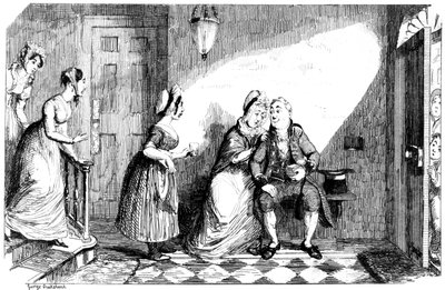 On dokuzuncu yüzyılda, yoksul bir erkeğe birkaç kadın eşlik ediyor. by George Cruikshank