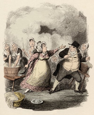 Darülacezede, Mösyö Bumble, karısı Madam Corney tarafından şiddetle geri çevrildi - Bay Bumble, yoksulların gözünde aşağılandı - Charles Dickens (1812-1870) tarafından “Oliver Twist” (Olivier) (Oliver Twist'in Maceraları) için illüstrasyon tarafından G by George Cruikshank