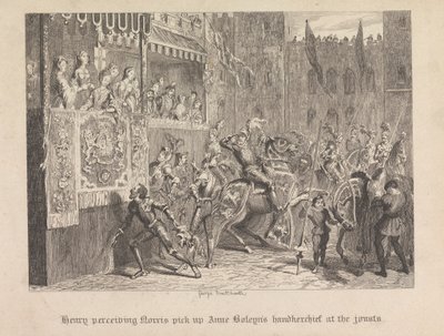Henry, Norris'in mızrak dövüşlerinde Ann Boleyn'in mendilini aldığını algılıyor. by George Cruikshank