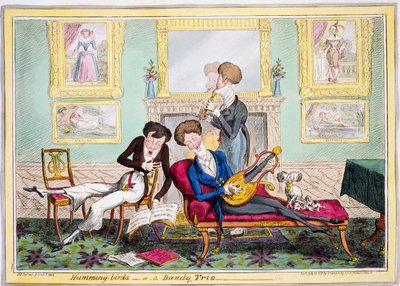 Sinek kuşları veya Dandy Trio, pub. 1819 (el renkli gravür) by George Cruikshank