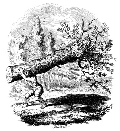 Omzunda büyük bir ağaç gövdesi taşıyan adam, 19. yüzyıl. by George Cruikshank