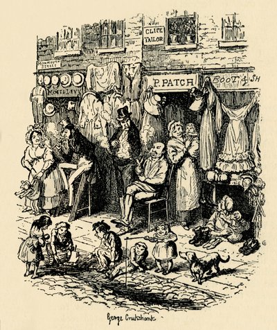 Monmouth Street, Soho, Boz tarafından Dickens Sketches için G. Cruikshank tarafından bir illüstrasyon. , 1938 by George Cruikshank