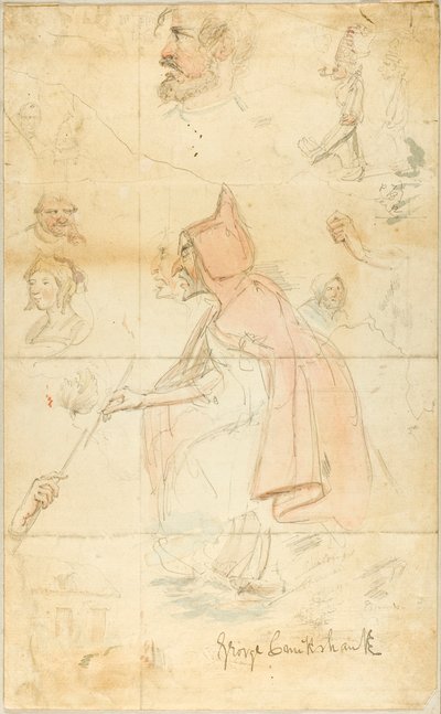 Anne Shipton (rekto); Eskizler Sayfası: Fleur-de-Lis ve Figürler (ters) by George Cruikshank