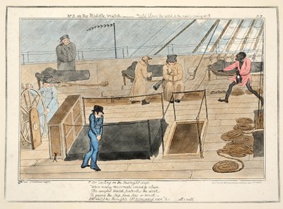 Bay B orta nöbette - soğuk esiyor rüzgar ve yağan yağmurlar, The Progress of a Midshipman, pub.1835 (el renkli gravür) by George Cruikshank