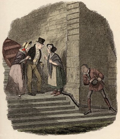 Noe Claypole, Bay Brownlow, Rose Maylie ve Nancy arasındaki gizli randevuyu gözetliyor - Toplantı - “” Oliver Twist” için İllüstrasyon (Olivier) (Olivier Twist