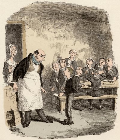 Oliver, Küçük Çocuklar Bakımevinin süpervizöründen ekstra yiyecek talep etmek üzere tasarlanmıştır - Oliver daha fazlasını istiyor - “” Oliver Twist”” için illüstrasyon (Olivier) (Olivier Twist