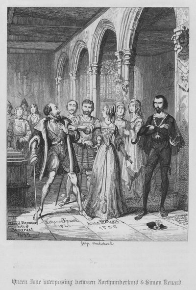 Northumberland ve Simon Renard arasına giren Kraliçe Jane (gravür) by George Cruikshank