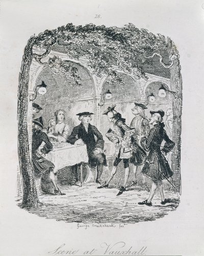 Vauxhall'daki sahne, 'Amelia'dan, sanatçı tarafından oyulmuş, 'Henry Fielding'in Eserleri'nden illüstrasyon, pub. Henry G. Bohn tarafından, 1853 by George Cruikshank