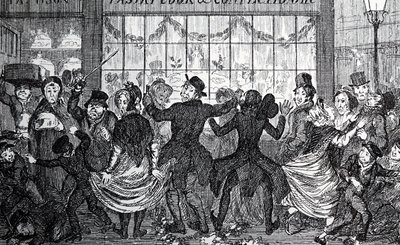 Street urchins causing havoc in the crowd outside a confectioner