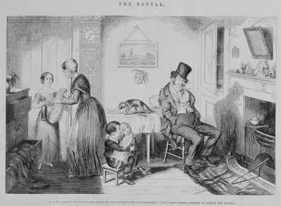 Şişe, Plaka II, Sarhoşluk nedeniyle işinden atılır: şişeyi sağlamak için kıyafetlerini rehine verirler, 1847 by George Cruikshank