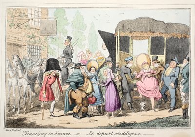 Fransa'da seyahat veya Le Depart de la Diligence, pub. 1835 (el renginde gravür) by George Cruikshank