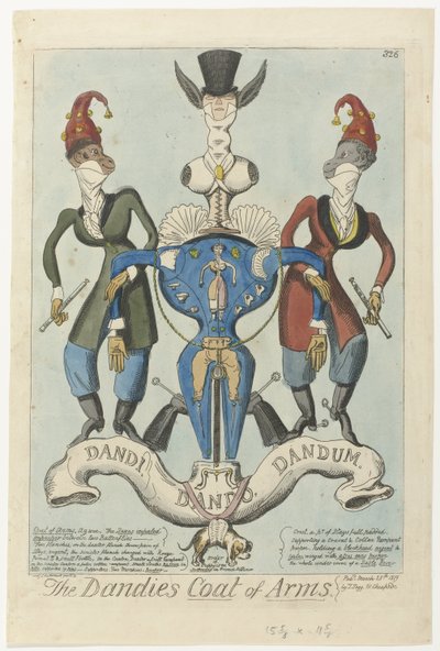 İki giyinmiş maymun, manken şeklinde bir silah tutuyor. Dandies Arması (nesne üzerindeki başlık) by George Cruikshank