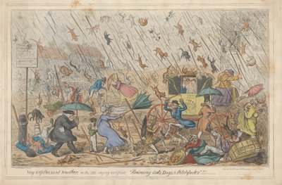 Çok Tatsız Hava veya Eski Doğrulanmış Deyiş "Kedi, Köpek ve Dirgen Yağıyor"!!! by George Cruikshank